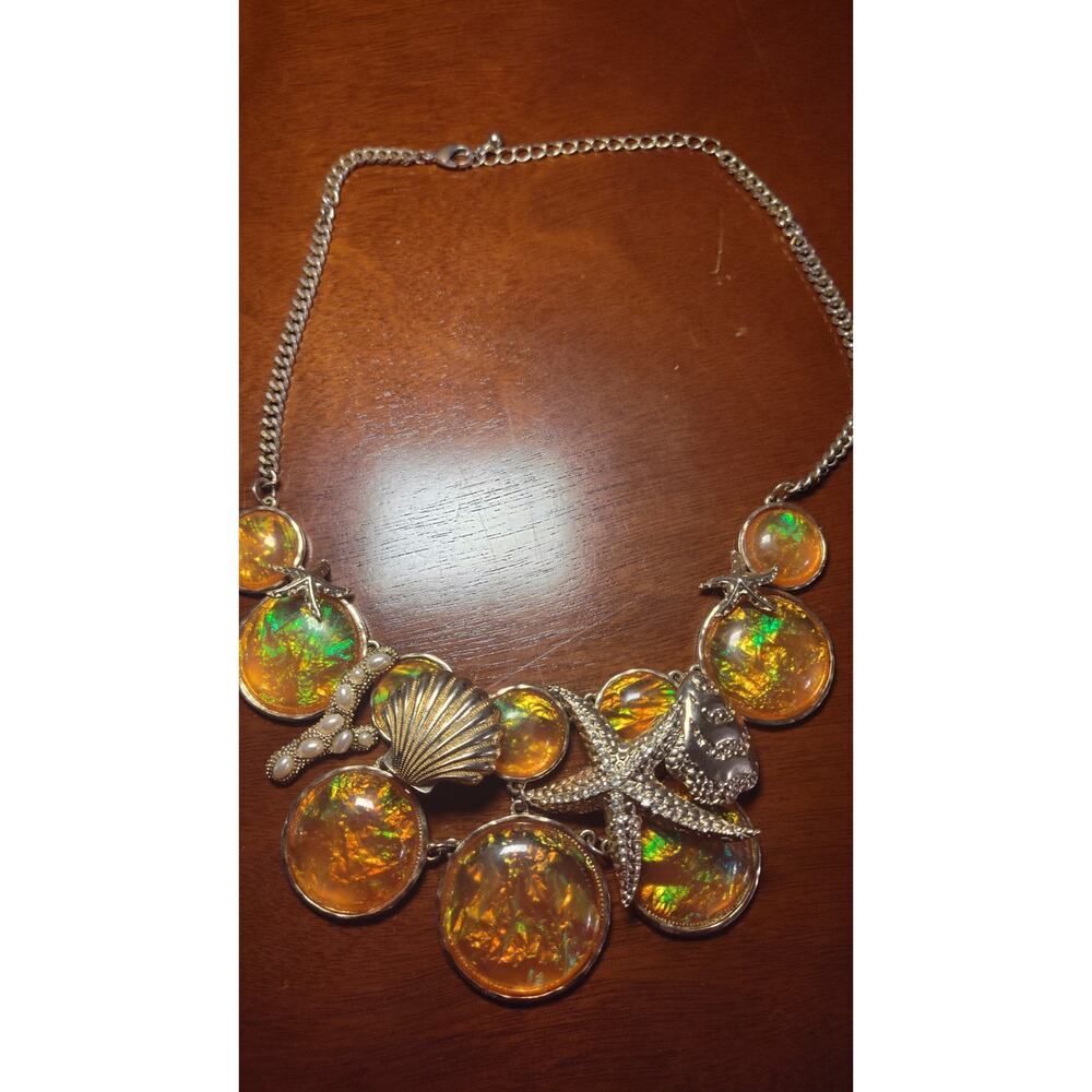 Faux Iridescent Opal Gold Starfish Acents Statement Necklace
